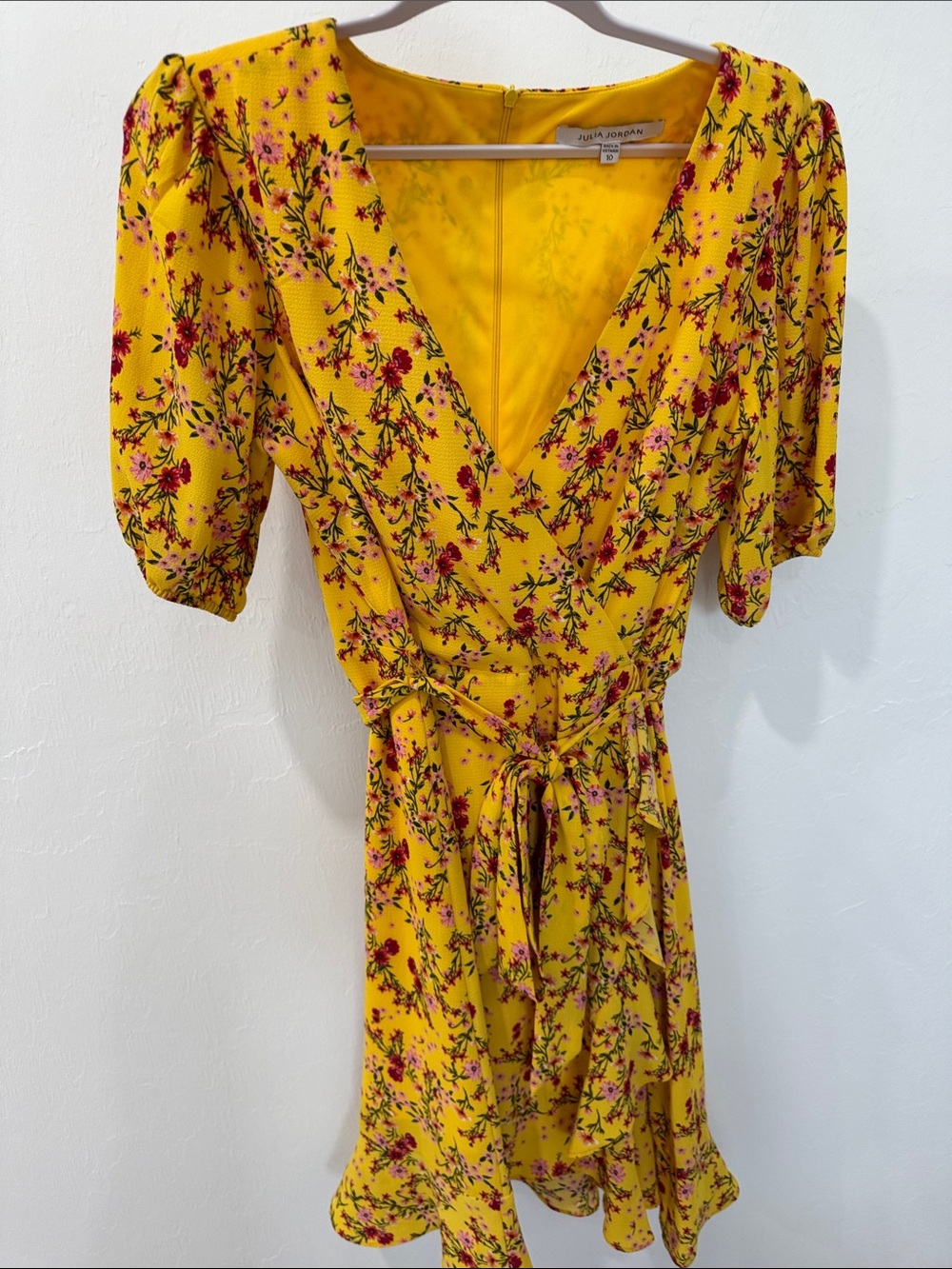 julia jordan Yellow Floral Faux Wrap Mini Dress with Tie Waist